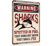 Shark Pool Decor Metal Sign Outdoor Pool Accessories for Pool Area Patio Deck House Warning Sharks Spotted In This Pool Wall Art 12x16 Inch Metal tin Signs
