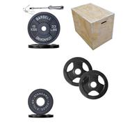 Shark Power Gear 6ft Olympic Barbell, Cast Iron & Tri-Grip Weight Plates (10kg-25kg), Large Wooden Plyometric Jump Box