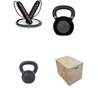 Shark Power Gear Cast Iron Kettlebells Set, 2kg & 24kg, with Jump Rope and Wooden Plyometric Box, Black
