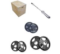 Shark Power Gear Cast Iron Weight Plates Set, 15kg Plates, 1.25kg Tri-Grip Plates, 180cm Olympic Barbell, Wooden Plyo Box