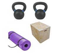 Shark Power Gear Fitness Set, 12kg & 24kg Cast Iron Kettlebells, Yoga Mat, Wooden Plyo Box, Black