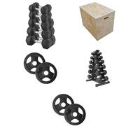 Shark Power Gear Hex Dumbbell Set (10kg-27.5kg Pairs), A6 Dumbbell Rack, Tri-Grip Weight Plates (2.5kg & 10kg), Large Wooden Jump Box -