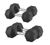 Shark Power Gear Hex Dumbbells Set, 10kg & 12.5kg Pairs, Rubber Coated, Chrome-plated Steel Handle, Black