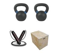Shark Power Gear Home Gym Bundle, 28kg & 10kg Cast Iron Kettlebells, Jump Rope, Wooden Plyometric Box, Black
