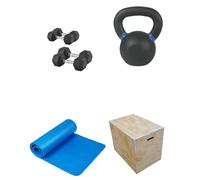 Shark Power Gear Home Gym Kit, 5kg & 7.5kg Dumbbell Pairs, 8kg Kettlebell, Exercise Mat, Wooden Jump Box