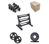Shark Power Gear Home Gym Set, Hex Dumbbells (10kg to 25kg) with L3 Rack, 15kg Cast Iron & 20kg Tri-Grip Weight Plates, Large Wooden Plyometric Jump Box