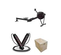 Shark Power Gear Rowing Machine, LCD Digital Monitor, Skipping Rope & Small Wooden Plyometric Jump Box - Full-Body Conditioning & Endurance Training Kit