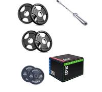 Shark Power Gear Weight Plates Set (10kg & 20kg Tri-Grip, 10kg Cast Iron), 7ft Olympic Barbell, Large Soft Jump Box - Home Gym Strength Training Kit