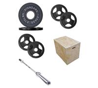 Shark Power Gear Weight Training Set, 7ft Olympic Barbell, Cast Iron Tri-Grip Weight Plates, Wooden Jump Box, Home Gym Equipment
