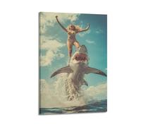 Shark Riding Lady Wall Art, Bold Print, Adventure Poster, Daring Canvas Picture Poster Decorative Painting Canvas Wall Posters And Art Picture Print Modern Family Bedroom Decor Posters 08x12inch(20x30