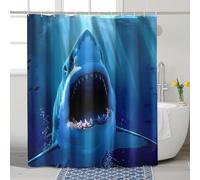 Shark Shower Curtain, Ocean Blue Wild Great White Shark Shower Curtain for Bathroom Decor, Summer Fearless Marine Theme Waterproof Fabric Shower Curtain Set with Hooks 72x72 Inch