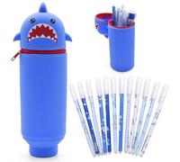 Shark Silicone Pen Bag, Shark Stand Pencil Case and Erasable Rub Out Pens Cartoon Pencil Holder Telescopic Pouch Soft 2 in 1 Silicone Pouches Shark Animal Friction Rollerball Pens for Office Supplies