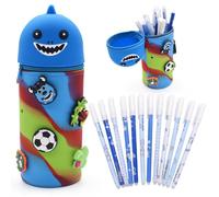 Shark Silicone Pen Bag, Stand Pencil Case and Erasable Rub Out Pens Cartoon Pencil Holder Telescopic Pouch Soft 2 in 1 Silicone Pouches Shark Animal Friction Rollerball Pens Desk Pen Holder for Kids