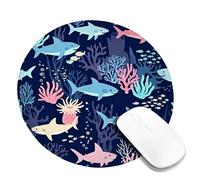 Shark Small Mouse Pad, Ocean Underwater Coral Fish Summer Blue Round Rubber Non Slip Stitched Edge Cloth Mousepad Accessories for Office Home Computer Laptop Round 8x8 Inch