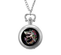 Shark Sugar Skull Mexico Dia De Los Vintage Pocket Watches Roman Numerals Quaretz Watch with Chain Christmas Birthday Gifts Silver-Style