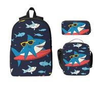 Shark Sunglasses Backpack Set for Girls Boys with Lunch Bag Pencil Case Sea Ocean 3 Pieces School Bags Insulated Lunchbox Gifts for Women Men