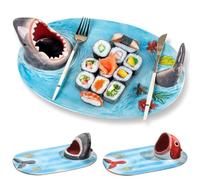 Shark Sushi Plates,Funny Kitchen Salad Plates with Dipping Sauce Bowl,Cute Shark Food Serving Trays,Ceramic Shark Chip and Dip Serving Trays for Shark Party Lovers