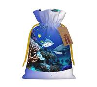 Shark Swimming Under the Sea print Large Christmas bag, reusable drawstring linen packet, Birthday Parties Supplies