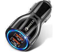 Shark Tooth USB Car Adaptor, 2 Port USB 3.0 Car Cigarette Lighter Phone Charger 30W 5A Fast Charging Compatible with iPhone Samsung Galaxy iPad Google - Black