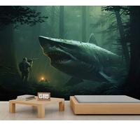 Shark Wall Mural, Forest 3D Wallpaper, Adventure Mural for Living Room Bedroom TV Background Hotel Bar Decor - 390x260cm