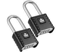 SharkByte 2 Pack Long Shackle Combination Padlocks [Weatherproof] 52mm 4-Digit Outdoor locks, 8mm Stainless Steel Shackles, Anti-Rust & Resettable Code Locks for Gate, Fence, Garage, Shed, Gym - Black
