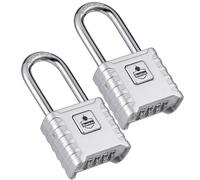 SharkByte 2 Pack Long Shackle Combination Padlocks [Weatherproof] 52mm 4-Digit Outdoor locks, 8mm Stainless Steel Shackles, Anti-Rust & Resettable Code Locks for Gate, Fence, Garage, Shed, Gym, Silver