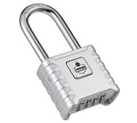 SharkByte Long Shackle Combination Padlock [Weatherproof] 52mm 4-Digit Outdoor Padlock with 8mm Stainless Steel Shackle, Anti-Rust & Resettable Code Lock for Gate, Fence, Garage, Shed, Gym - Silver