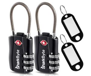 SharkByte Slim TSA Approved Luggage Locks, 3-Dial Security Travel Combination Padlock with Tags, Flexible Cable Wire Travel Lock, Suitcase Locks, Bag, Gym Locker, Small Padlock with Code (Pack of 2)