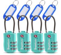 SharkByte TSA Approved Luggage Locks, 3-Dial Security Travel Combination Padlock with Tags, Flexible Cable Wire Travel, Suitcase Locks, Bag, Gym Lock, Small Suitcase Padlock with Code (4 Pack)