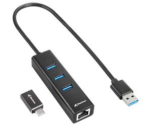 Sharkoon 3-Port USB 3.2 GEN 1 Aluminium Hub, RJ45 Ethernet Adapter