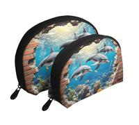 Sharks and Dolphins Coral Algae Red Brick Wall Printed Makeup Bags 2-Piece Portable Shell Travel Toiletry Bag