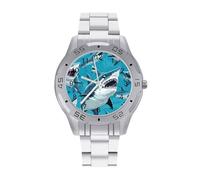 Sharks Bite in Ocean Quartz Wrist Watch Stainless Steel Watches for Men Women Easy to Read