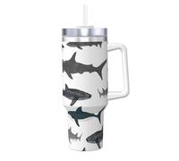 Sharks Nautical Print 40oz with Straw and Lid, Stainless Steel Double Wall Vacuum Insulated Coffee Mug for Hot and Cold Coffee, Travel Mug with Handle