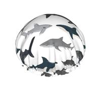 Sharks Nautical Print Large Waterproof Shower Bonnet For Women Long Hair, Washable Elastic Band Bath Hair Hat