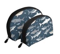 Sharks Nautical Printing Shell Makeup Bag Set 2-Piece Cosmetic Bags Portable Travel Makeup Storage Bag for Women Girls