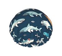 Sharks Nautical Reusable Shower Cap,Double Layer Water Shower Non Wetting Hair Cap,Large Size For All Hair Lengths