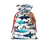 Sharks Pattern Print Drawstring Christmas Gift Bag With Tags Reusable For Birthday Parties Gift Weddings Holiday