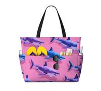Sharks Print Large Waterproof Beach Tote Bag for Women with Zip and Pockets Foldable Handbag for Travel Pool Shopping Holiday Gym