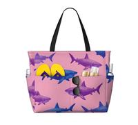 Sharks Print Large Waterproof Beach Tote Bag for Women with Zip and Pockets Foldable Handbag for Travel Pool Shopping Holiday Gym