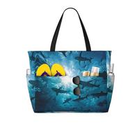 Sharks Swimming Print Large Waterproof Beach Tote Bag for Women with Zip and Pockets Foldable Handbag for Travel Pool Shopping Holiday Gym