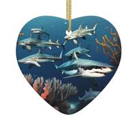 Sharks Under The Sea Ceramic Christmas Tree Ornaments, Heart-Shaped Pendants, Christmas Decorations, Gifts For Friends And Family.