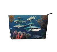 Sharks Under The sea Corduroy Makeup Bag â€“ Versatile Cosmetic Pouch with Zipper for Daily Use and Travel Capacity Organizer