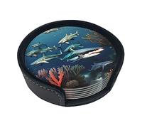 Sharks Under The sea Creative Round Coaster (3.9 inches), PU Leather Coaster, Suitable for car, Kitchen, Restaurant, Office, etc.