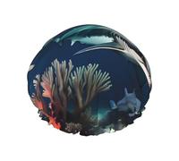 Sharks under the sea Double layer women's shower cap, reusable, large size design suitable for all hair lengths, suitable for girls, spa and home salon use.
