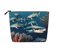Sharks Under the sea Faux Linen Makeup Pouch-Lightweight Travel Case | Lightweight Faux Linen. Water Resistant. Smooth Zip.