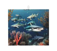Sharks under the sea Kitchen countertop absorbent mat, single-sided printed 100% polyester with a hanging rope