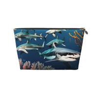 Sharks Under the sea Leather Travel Makeup Bag-Waterproof Cosmetic Pouch | Waterproof Pu Leather. Smooth Zip. Lightweight.