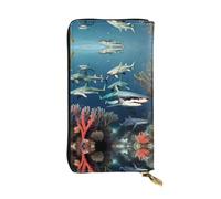 Sharks under the sea Long leather wallet, portable credit card holder, zippered coin purse, and ID compartment