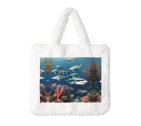Sharks under the sea Plush Handbag: Ladies Fluffy Shoulder Bag - Autumn/Winter Tote Crossbody bag, Coin Pouch Wallet