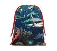 Sharks under the sea Print Holiday Drawstring Bag, Treat Pouch Wrap,Reusable Event Favor,Daily Storage Bag S